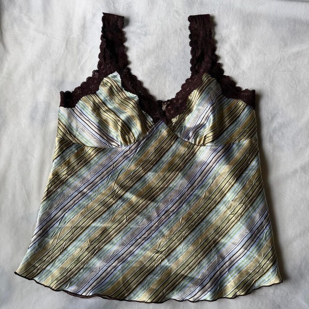 vintage y2k Studio Y fairycore boho indie striped lace satin cami top size XL